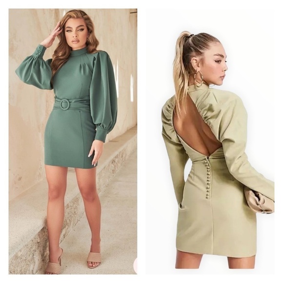 NWT LAVISH ALICE Sage Green Balloon Sleeve Open Back Mini Dress Size 12 - Picture 1 of 10